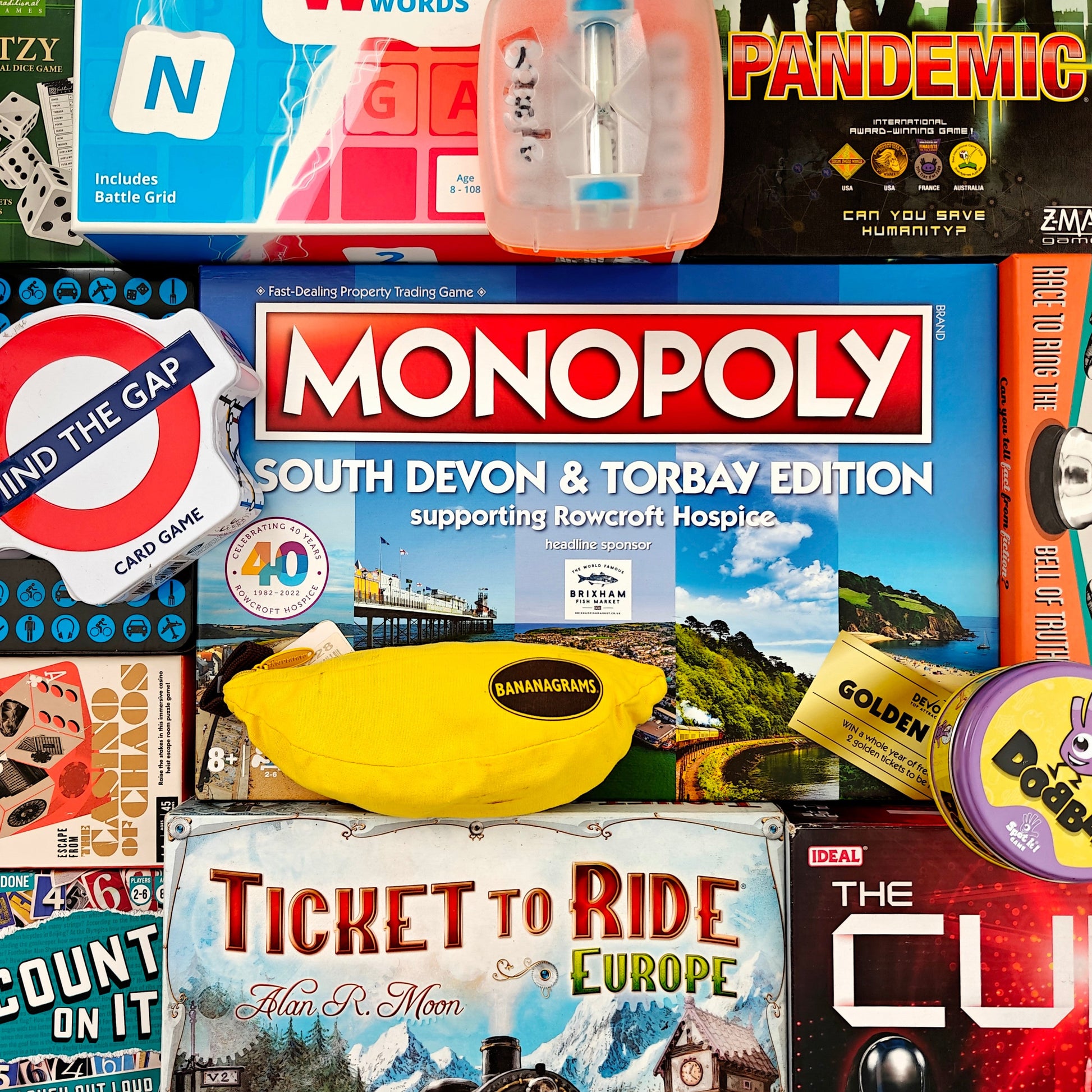 Collage of various board games and products including Monopoly and Pandemic.