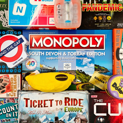 Collage of various board games and products including Monopoly and Pandemic.