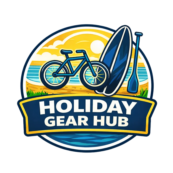 Logo of Holiday Gear Hub with a bicycle, surfboard, and paddle against a beach background.